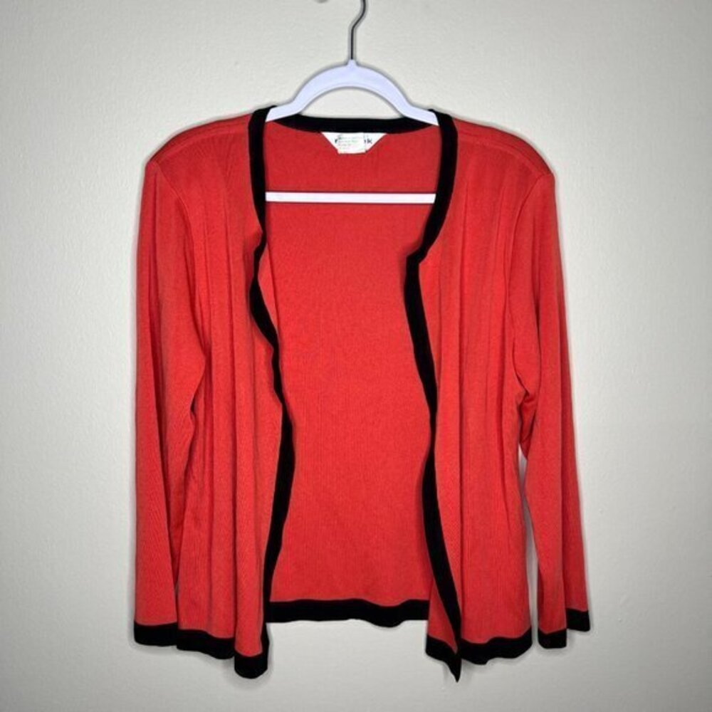 Exclusively Misook Petite Red & Black Open Cardigan Sweater Size L Lightweight &